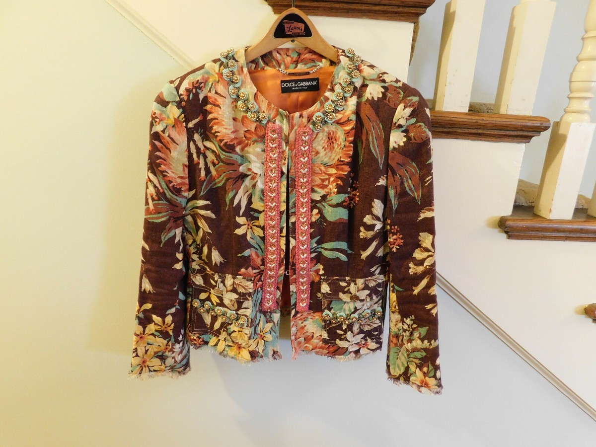 Dolce & Gabbana Floral Print Embellished Beads Sequin Linen Dolce & Gabbana Floral Print Embellished Beads Sequin Linen