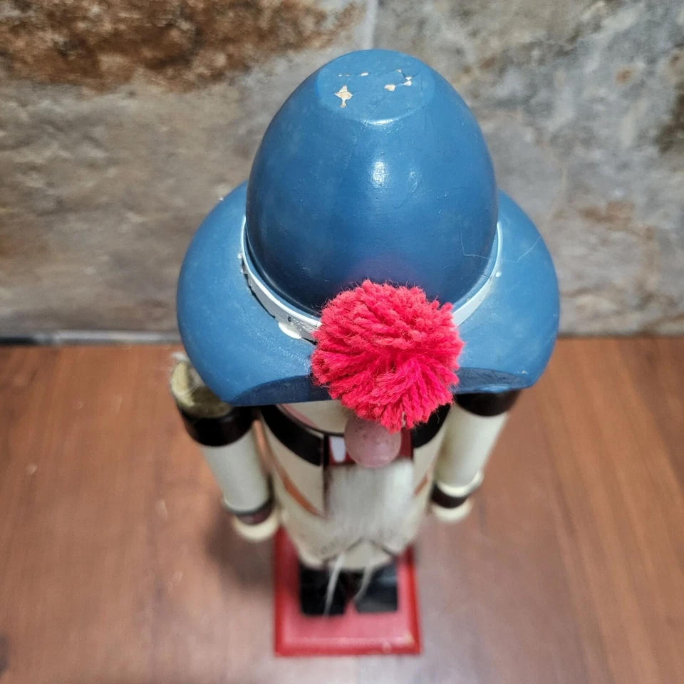 Vintage Nutcracker Wood Soldier Blue Hat Tan Red Pom Pom Wooden Christmas 14" - Image 3 of 4