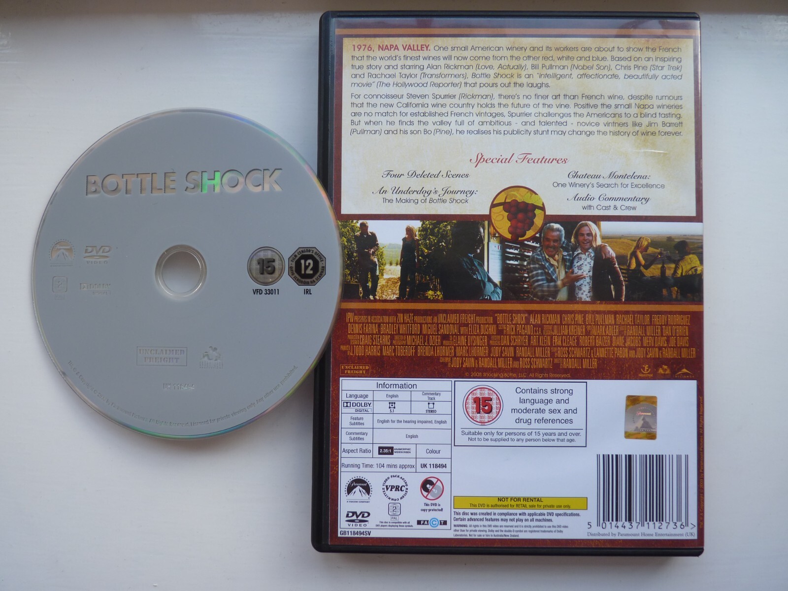 Bottle Shock (DVD, 2009) Randall Miller, Alan Rickman, Chris Pine, Bill