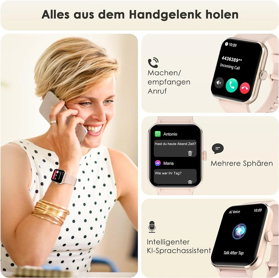 Smartwatch Damen Fitnessuhr Armbanduhr mit Pulsmesser Schrittzähler Sportuhr Uhr - Bild 2 von 4