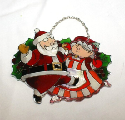 Santa & Mrs Claus Art Glass Christmas Holiday Suncatcher by Joan Baker 5.5''