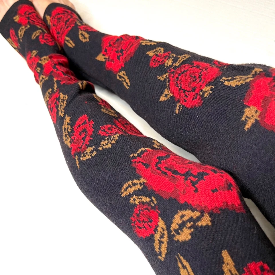 Suéter Floral Calentadores de Piernas Rojo Tejido Hasta los Muslos Flor Negro Sobre la Rodilla Calcetines Foto 4 de 4