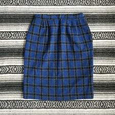 Vtg USA Made Jo Hardin Sz 14/L Below Knee Midi Wool Blend Skirt Blue Black Plaid