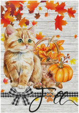 Hello Fall Cat Garden Flag Maple Leaves Pumpkin Double Sided Flags 12X18 Autumn