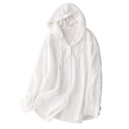 Cardigan camicia donna cotone lino casual con cappuccio bottoni manica lunga traspirante - Foto 7 di 18