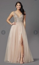 Beaded-Bodice Long Tan Prom Dress by PromGirl Prom/Quinceañera/Maid Of Honor