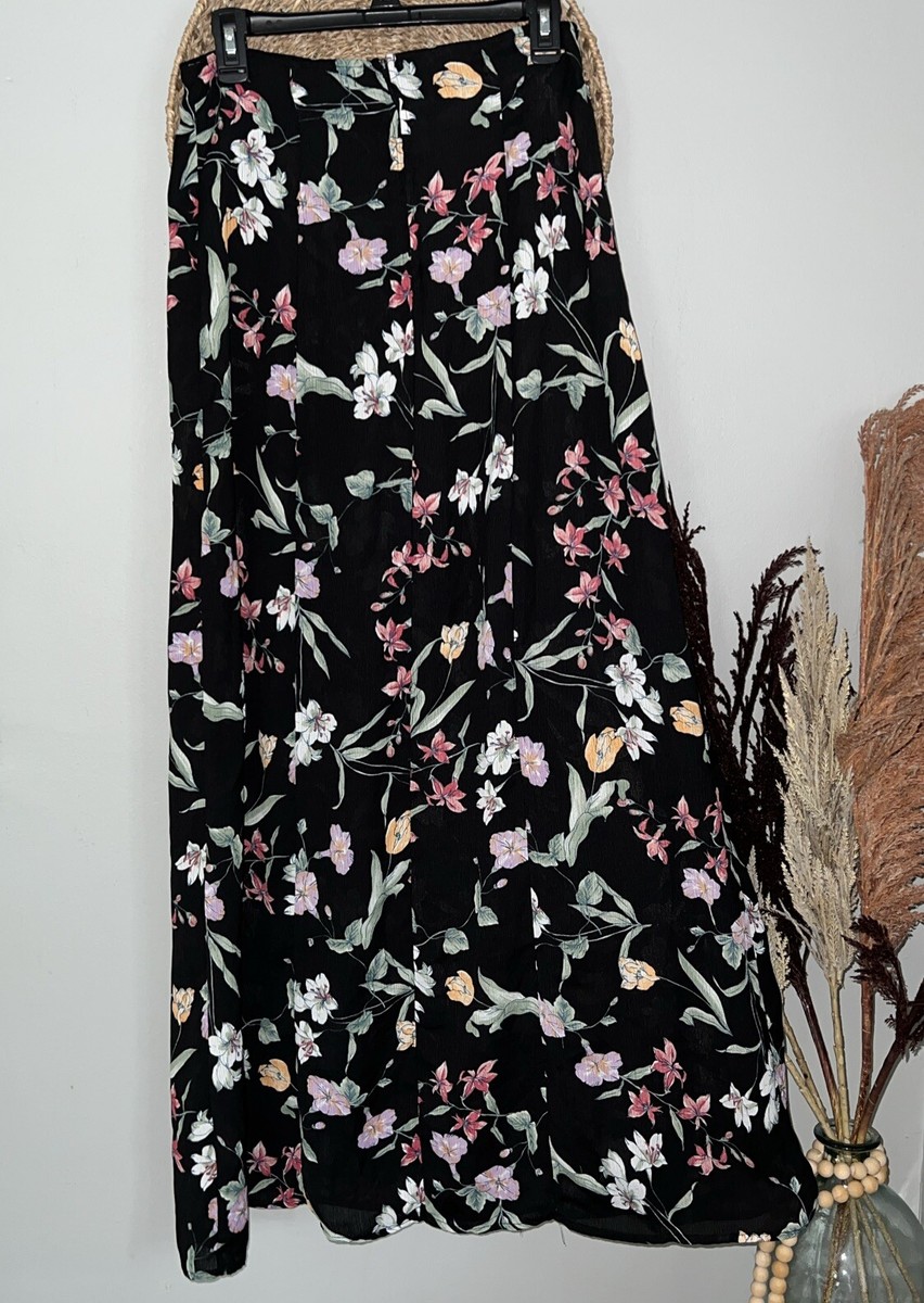 Emerald Sundae Black Floral Maxi Skirt Back Zip Sz Long 44” Waist To Hem