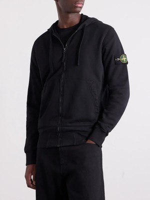 STONE ISLAND Logo Cotton-Jersey Zip-Up Hoodie jacket Garment dyed  Black Medium