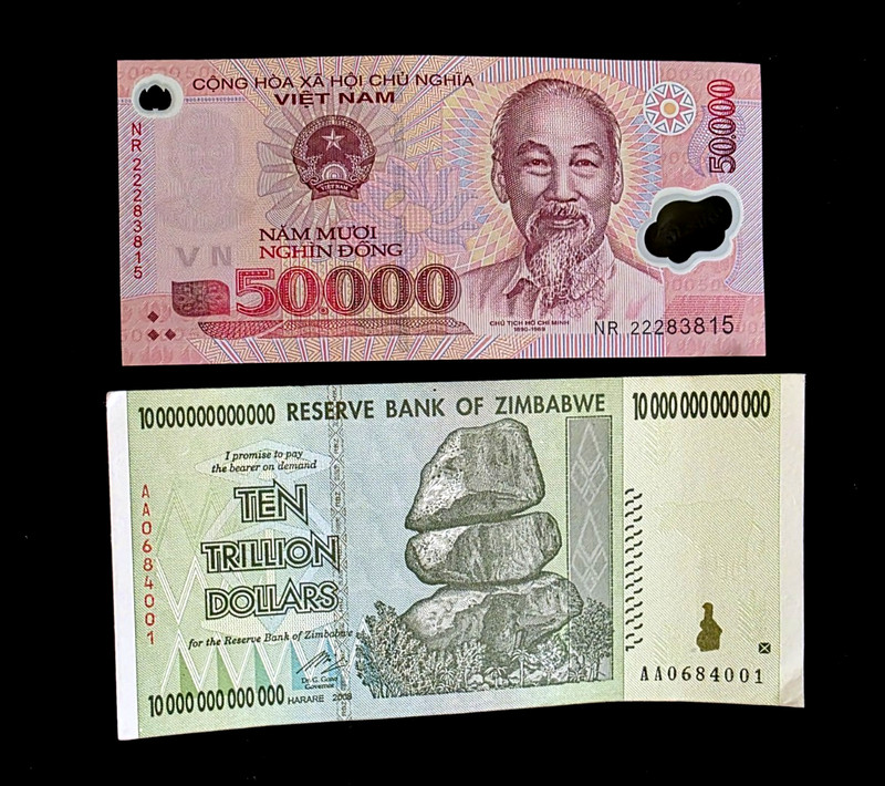 2 banknotes-1 x Vietnam 50,000 Dong + 1 x Zimbabwe 10 Trillion Dollars-currency