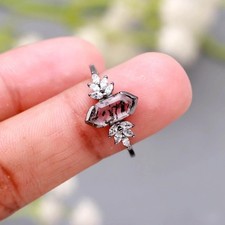 Natural Pink Dot Quartz Hexagon Ring Oxidized Sterling Silver Solitaire Jewelry