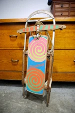 Vintage Snow Sled Gambles Hiawatha Cosmic Spiral Wood Ride On Toy Hippy 70s RARE