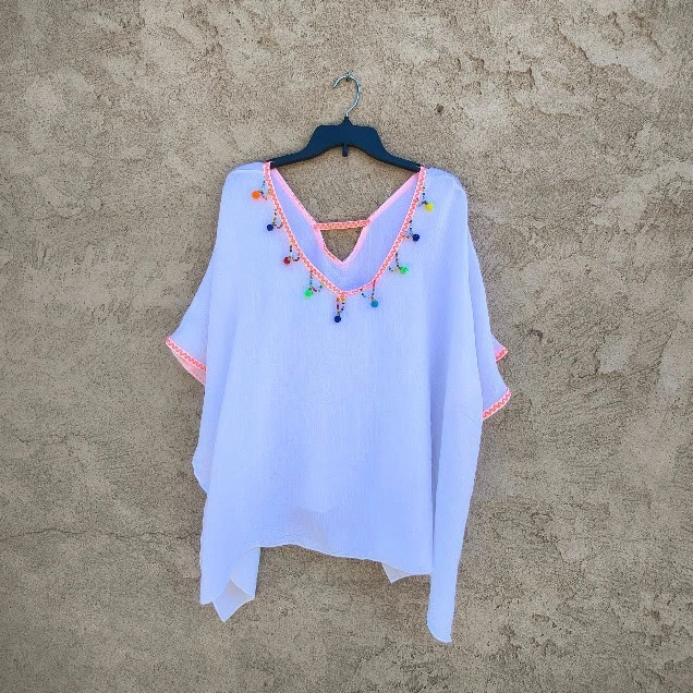 Cover Up White Gauze Poncho Style Swimsuit Cover Up Oversized Embroidered V Neck