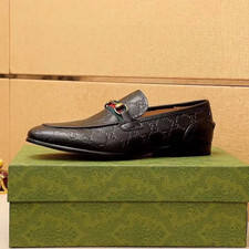 Gucci Men's Horsebit Web GG Loafers Black Leather Slip On Dress