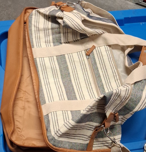 dsw Striped Canvas Faux Leather Duffle Bag Beige Brown Gray Adjustable Straps