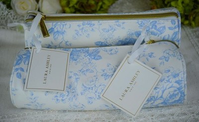 LOT OF 2 Laura Ashley Cosmetic PENCIL/COSMETIC CASES BLUE/WHITE FLORAL