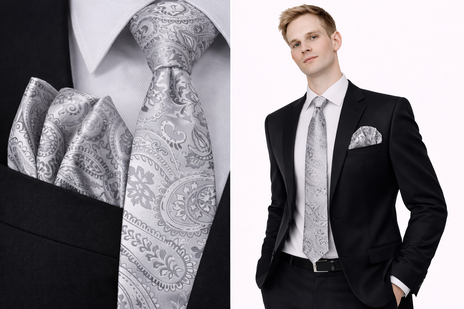 Silver Men's Tie & Hanky Paisley Hankie Grey Wedding Pocket Square Formal UK