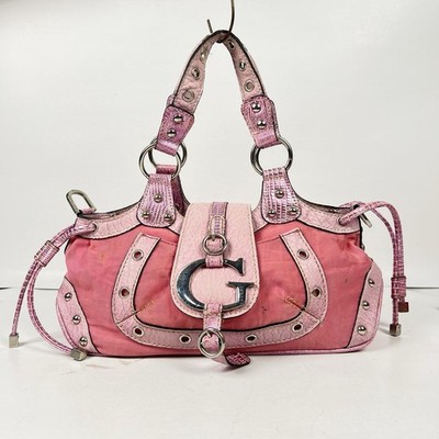Guess Y2K Pink Croc Trim Canvas Studded G Logo Shoulder Hobo Bag Silver Hardware