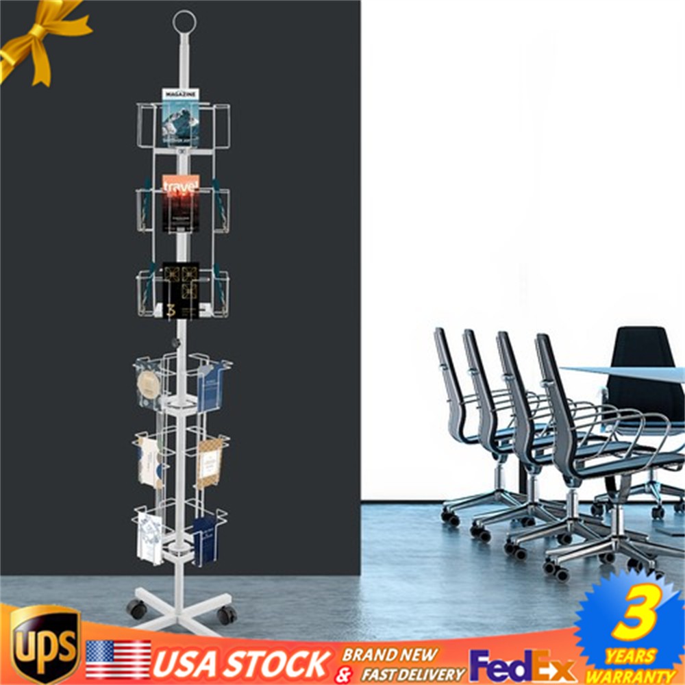 6-Tier Greeting Cards Display Rack 24-Pocket Rotating Postcard Stand W/ 4 Wheels