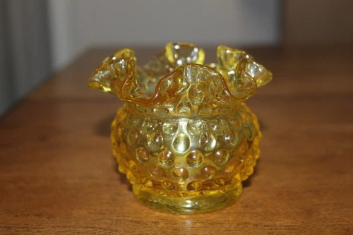 Fenton Vintage Yellow Hobnail Crimped Ruffled Rim 3" Rose Bowl Vase L@@K!
