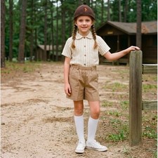 Vintage Girl Scouts Uniform Set Shirt, Shorts  Hat Tan Stripe Size 8 Brownies