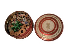 Tin filled with Vintage Wooden Thread spools Various Lengths And Types