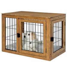 Furniture-Style Dog Crate Acacia Wood Kennel Medium Dogs Cage Furniture Natural