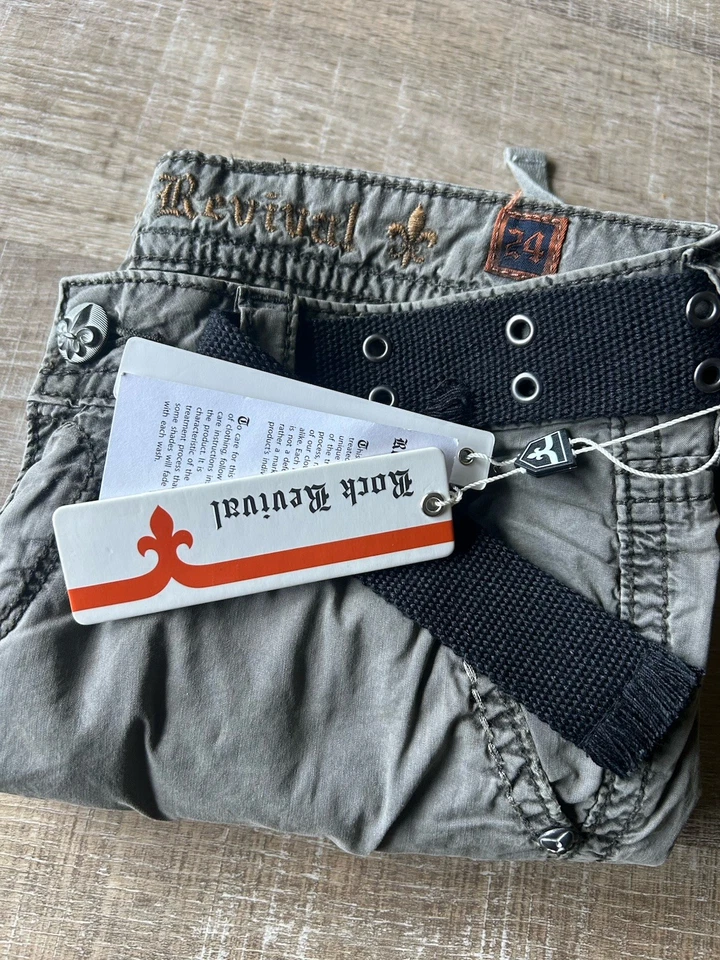 Pantalones cargo Rock Revival para mujer 24 bolsillos cortos cordón cinturón bordado Y2K Foto 3 de 4