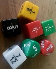 Vintage Koplow D6  Fraction Dice (Plus 2 D10s Fraction/Decimals- Set of 7)