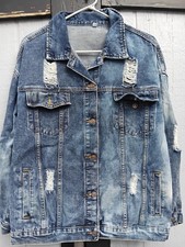Men's Blue Distressed Jacket Button Front Collared Pockets Regular Fit M