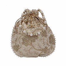 Traditional Rare Silk Embroidered Handmade Women Potli Bag Cream 1 Pc