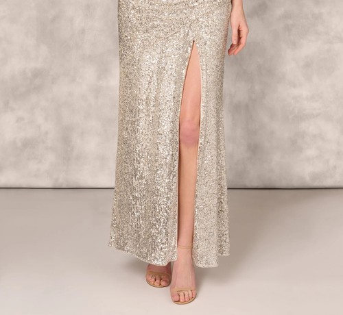 $395 Aidan Mattox Stretch Sequin Sleeveless Cowl Neck Gown | Champagne Silver 8 - Picture 7 of 21