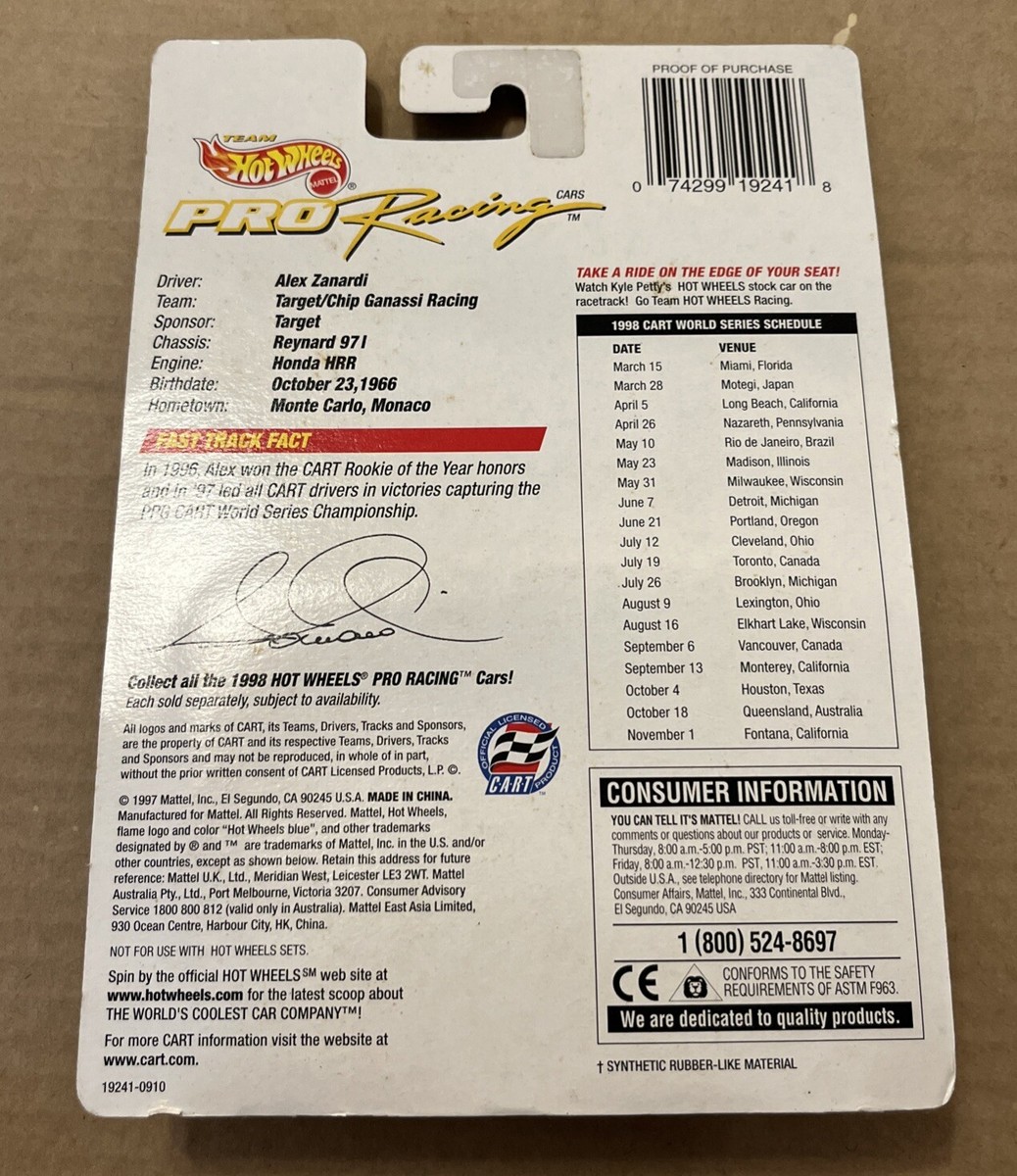 Vintage New in Box 1998 Hot Wheels Racing Alex Zanardi