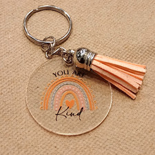 Keychain Key ring Acrylic Round Rainbow Design Inspirational You Are Kind Tassel