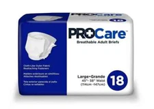 PROCARE BREATHABLE ADULT BRIEFS DIAPERS Size Large 45”-58” Waist.  18 Count.