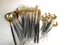 33pc Gold & Black Stainless Steel Cutlery Set Silverware Utensil Kitchen Dining