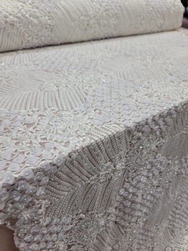 Off White Bridal Beaded Lace 3d Chiffon Flowers Wedding Fabric By the Yard Gown - Picture 7 of 10