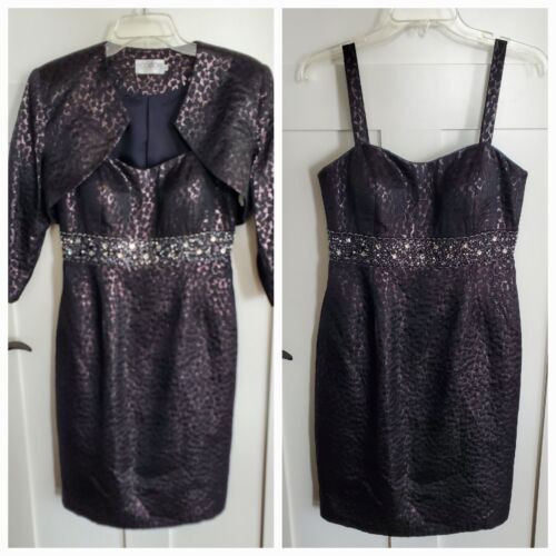 Occasions Mon Cheri Beaded Black Bronze Metallic Dress Size 12 W/ Jacket Formal - Picture 1 of 22