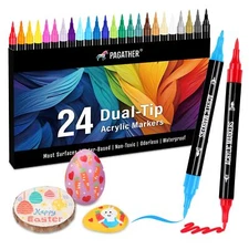 24 Colors Acrylic Paint Markers, Dual Tip with Fine Tip and Brush Tip Pens for