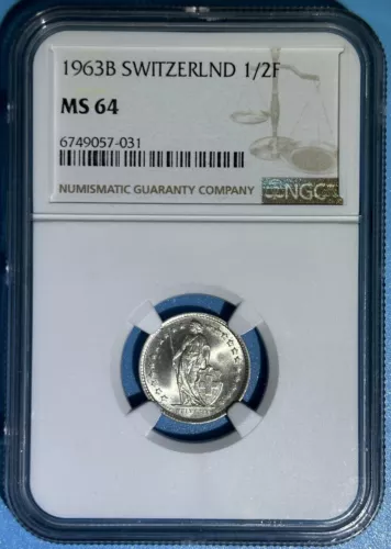 Switzerland Swiss 1963 B 1/2 Franc Silver Coin White Choice BU NGC MS 64 KM# 23