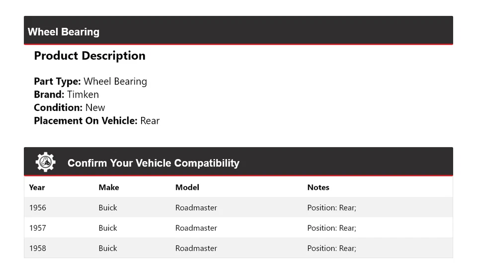 Cojinete de rueda trasero Timken 1957 para Buick Roadmaster 1956-1958 Foto 2 de 4