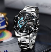 CURREN Men Chronograph Watch Black Dial Blue Accent Stainless Steel Sport
