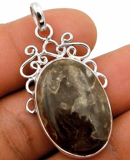 Natural Fossil Jasper 925 Solid Sterling Silver Pendant Jewelry @9-9