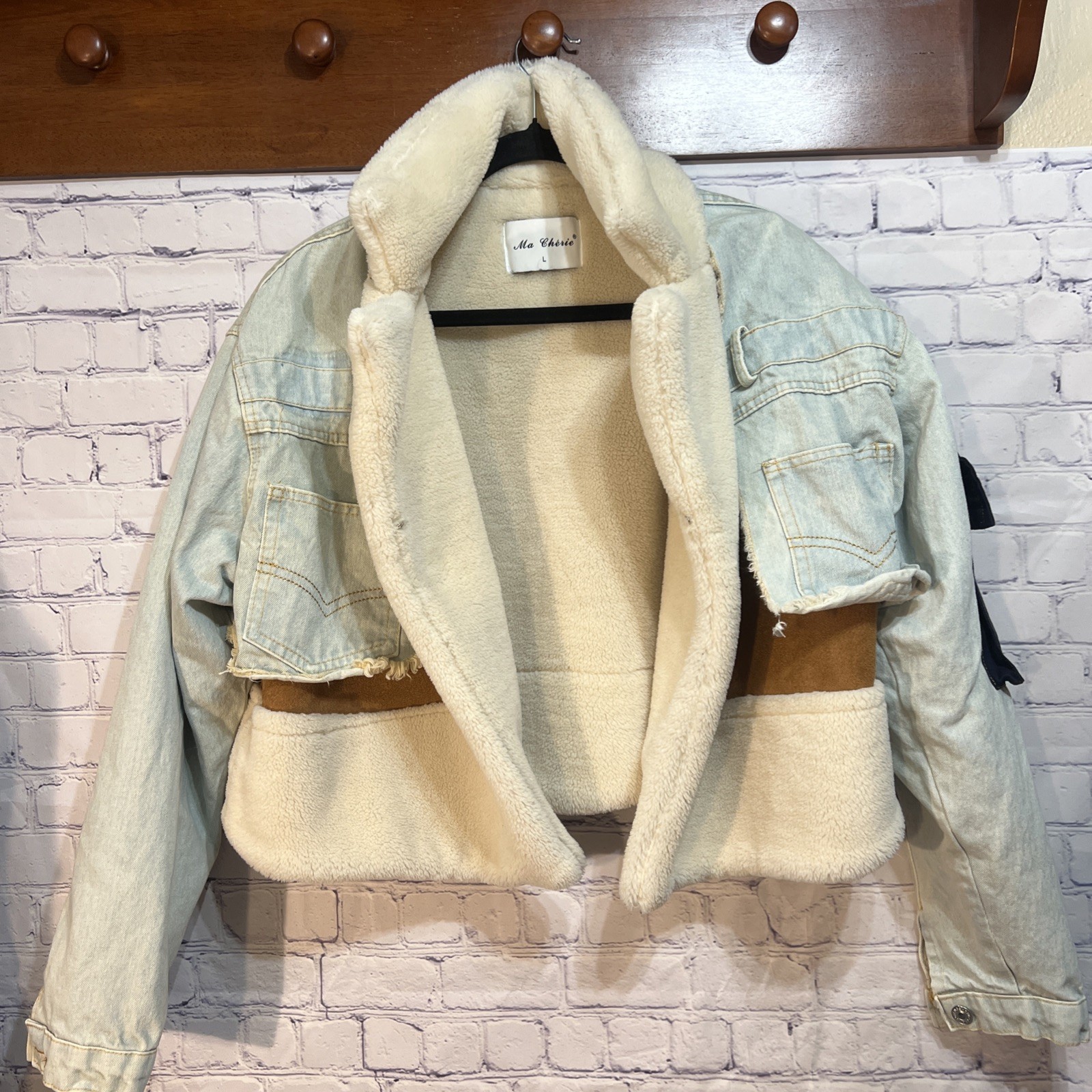 Ma Cherie Denim Patchwork Jacket Large Vegan Sher… - image 12