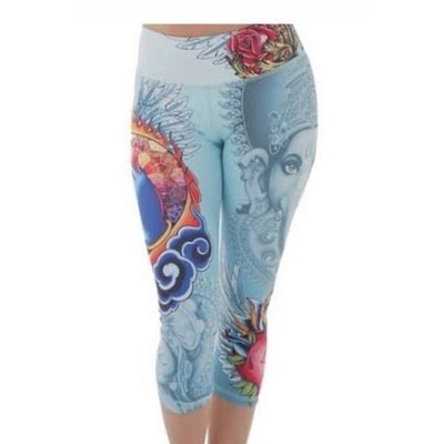 Luna Jai Capri Leggings Small Blue Ganesha Rose Athletic Yoga Gym Elastic Waist