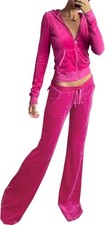 Velour Pink Tracksuit 2Pc Set Heart Print Zipper Hoodie Cropped Jacket  Pants S