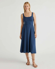 Quince Women M Tencel Jersey Fit & Flare Dress Navy Blue Stretch Swing Minimal