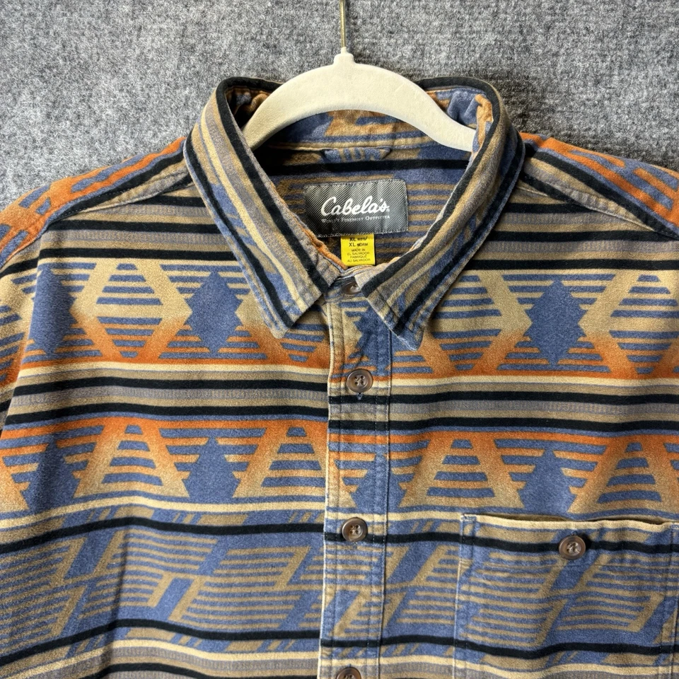 Cabela's Shirt Mens XL Blue Beige Orange Aztec Flannel Chamois Button Up Outdoor - Image 2 of 4