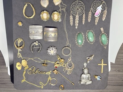 Vintage Sterling Silver Jade Enamel Cameo Earring Brooch & Costume Jewelry Lot