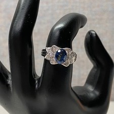 Silver Oval Blue Synthetic Faux Sapphire Crystal Halo Engagement Ring SZ 7