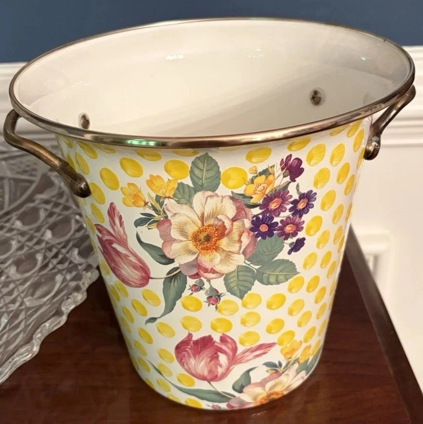 MacKenzie Childs Buttercup Yellow Dot Floral Beverage Cooler/Vase; Mint